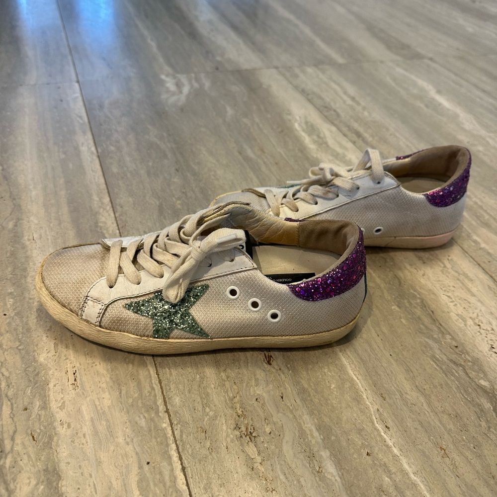 Golden Goose White Sneakers with Green and Purple Glitter